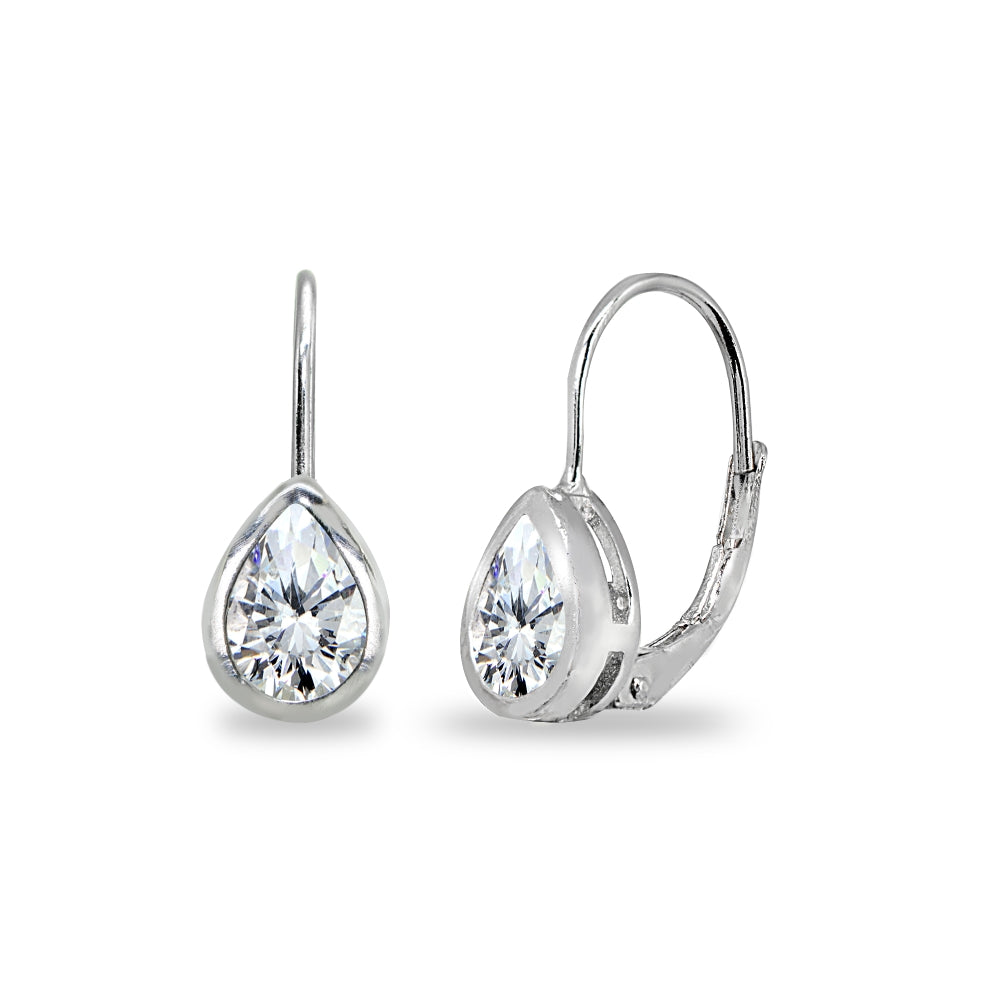 Sterling Silver Cubic Zirconia 7x5mm Teardrop Bezel-Set Dainty Leverback Earrings