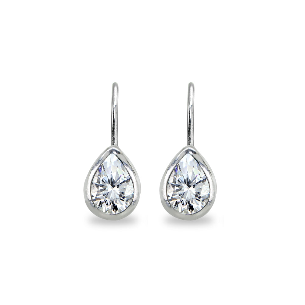Sterling Silver Cubic Zirconia 7x5mm Teardrop Bezel-Set Dainty Leverback Earrings-2