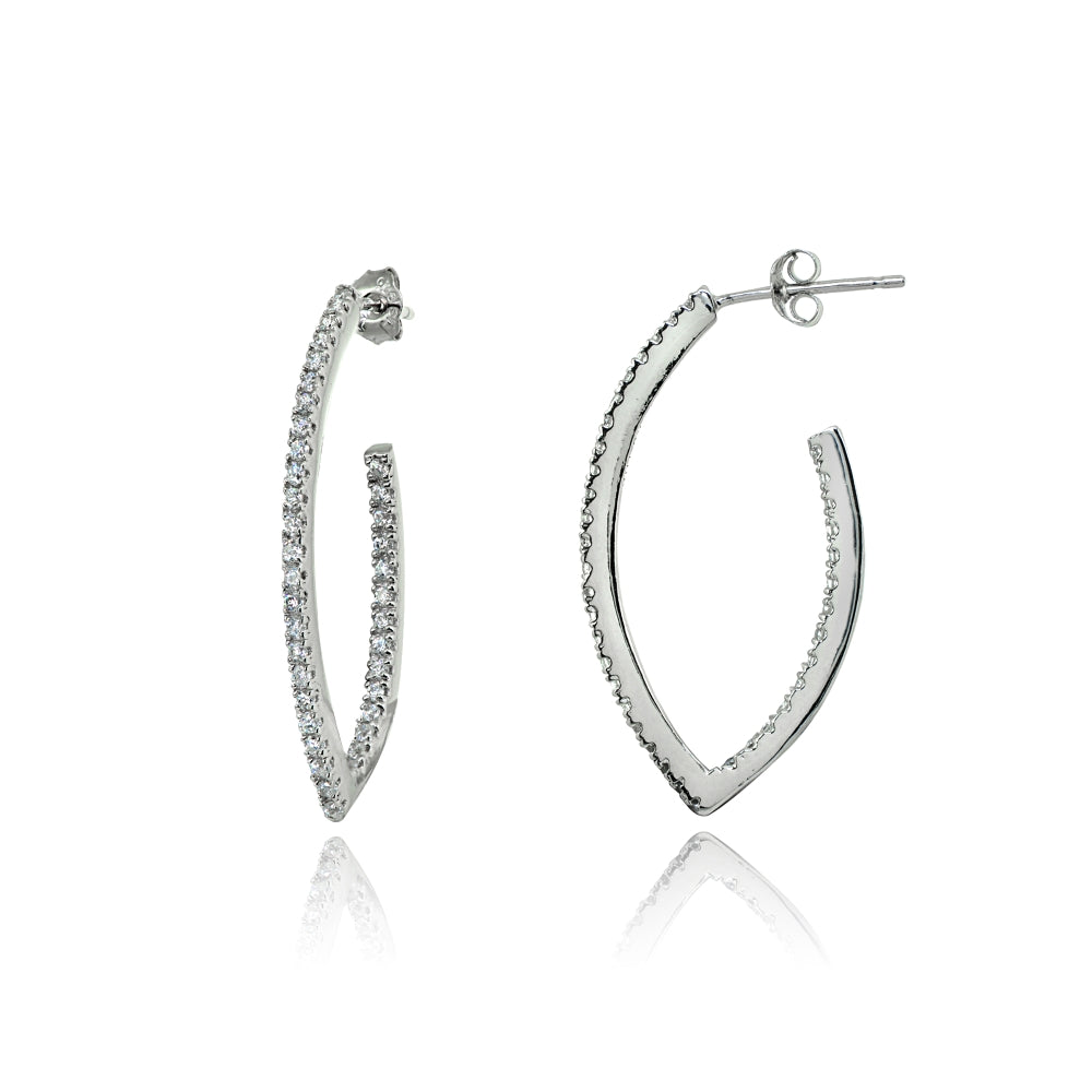 Sterling Silver Cubic Zirconia Inside Out Marquise 31mm Half Hoop Earrings