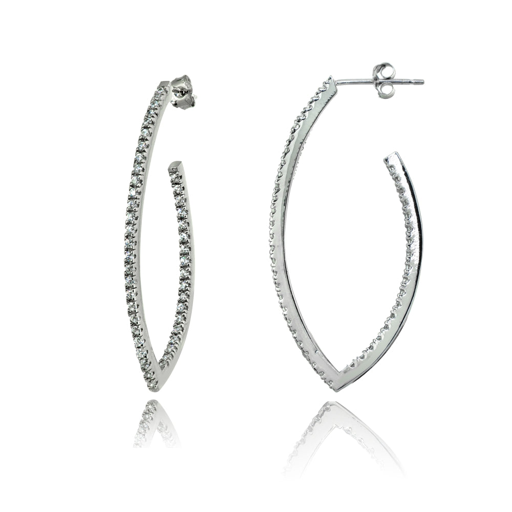 Sterling Silver Cubic Zirconia Inside Out Marquise 39mm Half Hoop Earrings