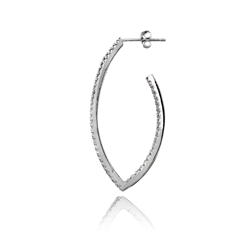 Sterling Silver Cubic Zirconia Inside Out Marquise 39mm Half Hoop Earrings-2