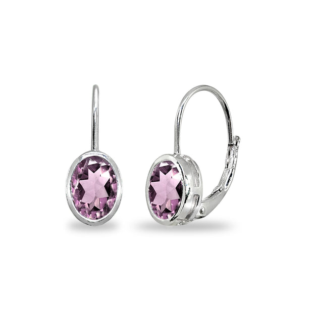 Sterling Silver Created Alexandrite 7x5mm Oval Bezel-Set Dainty Leverback Earrings