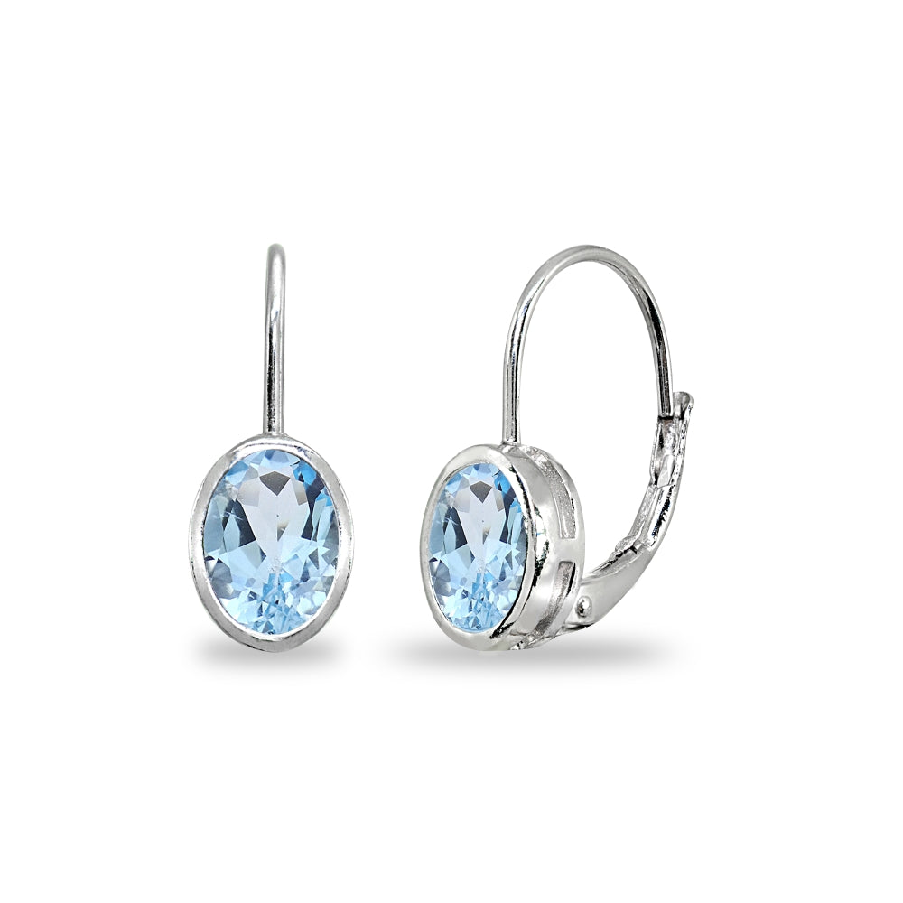 Sterling Silver Blue Topaz 7x5mm Oval Bezel-Set Dainty Leverback Earrings