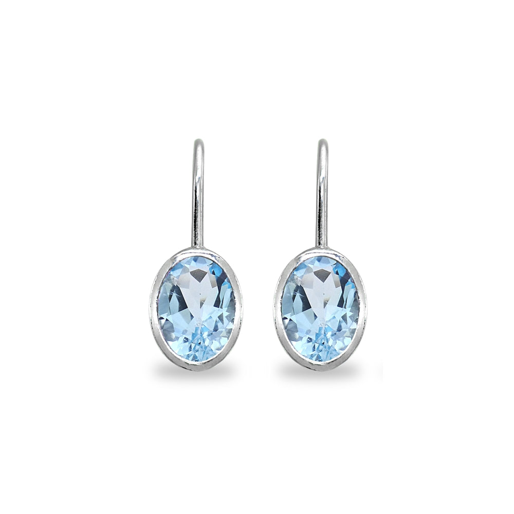 Sterling Silver Blue Topaz 7x5mm Oval Bezel-Set Dainty Leverback Earrings-2
