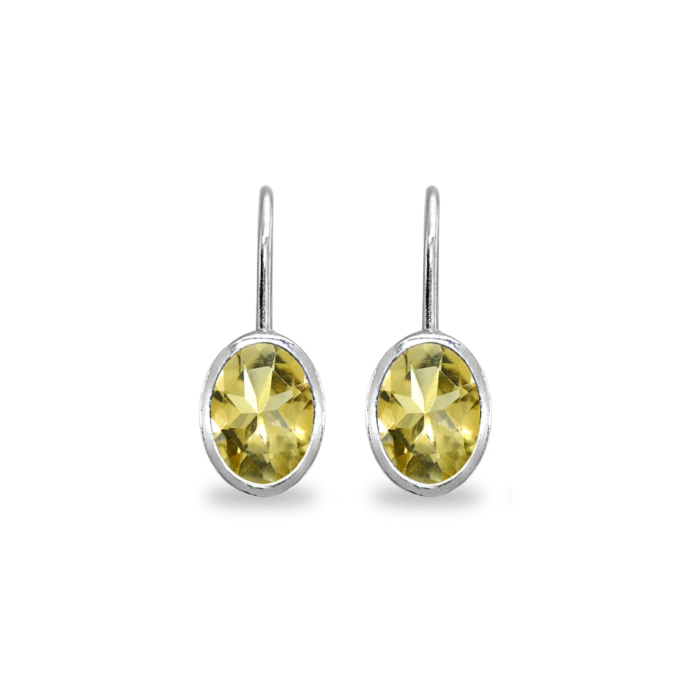 Sterling Silver Citrine 7x5mm Oval Bezel-Set Dainty Leverback Earrings-2