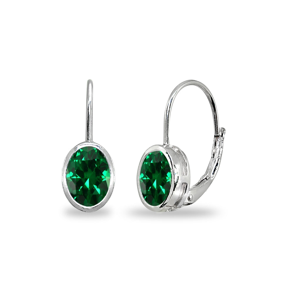 Sterling Silver Simulated Emerald 7x5mm Oval Bezel-Set Dainty Leverback Earrings