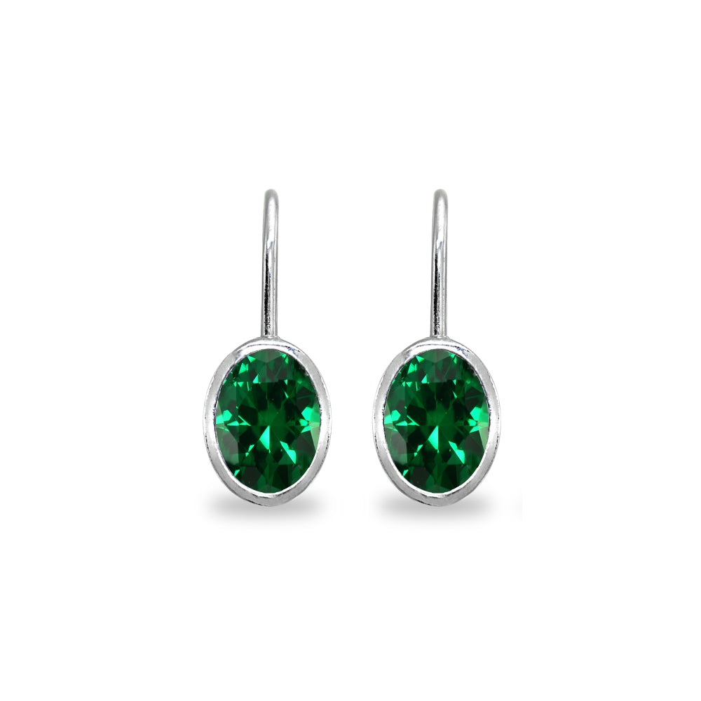 Sterling Silver Simulated Emerald 7x5mm Oval Bezel-Set Dainty Leverback Earrings-2