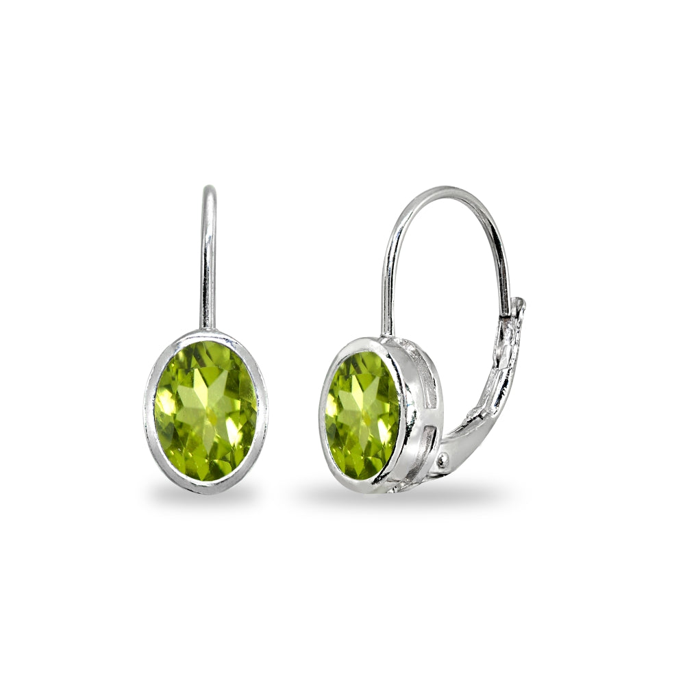 Sterling Silver Peridot 7x5mm Oval Bezel-Set Dainty Leverback Earrings