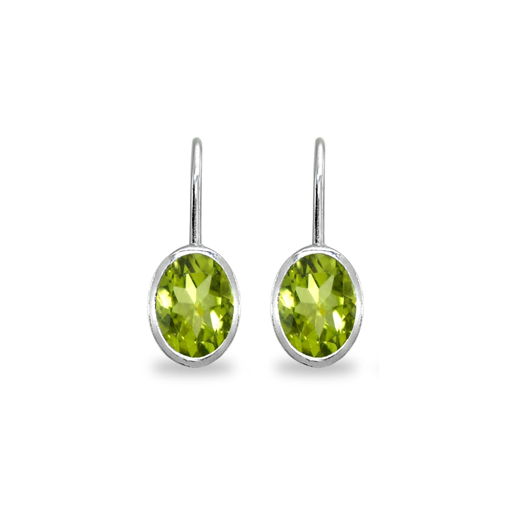 Sterling Silver Peridot 7x5mm Oval Bezel-Set Dainty Leverback Earrings-2