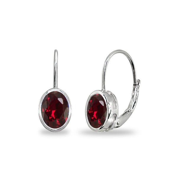 Sterling Silver Created Ruby 7x5mm Oval Bezel-Set Dainty Leverback Earrings