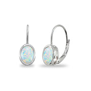 Sterling Silver Created White Opal 7x5mm Oval Bezel-Set Dainty Leverback Earrings