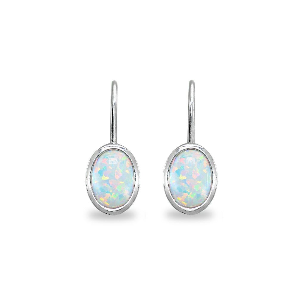 Sterling Silver Created White Opal 7x5mm Oval Bezel-Set Dainty Leverback Earrings-2
