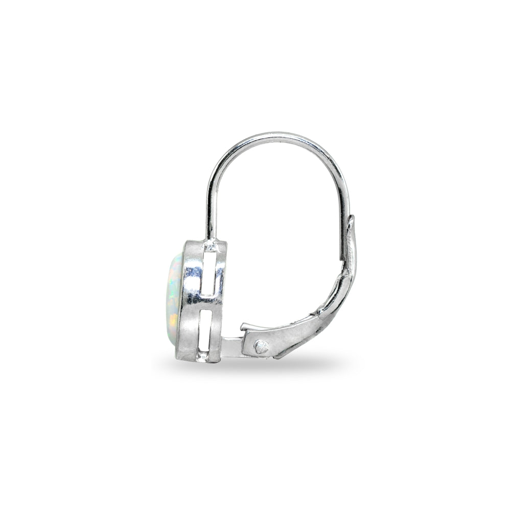 Sterling Silver Created White Opal 7x5mm Oval Bezel-Set Dainty Leverback Earrings-3