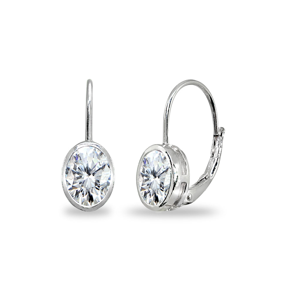 Sterling Silver Cubic Zirconia 7x5mm Oval Bezel-Set Dainty Leverback Earrings