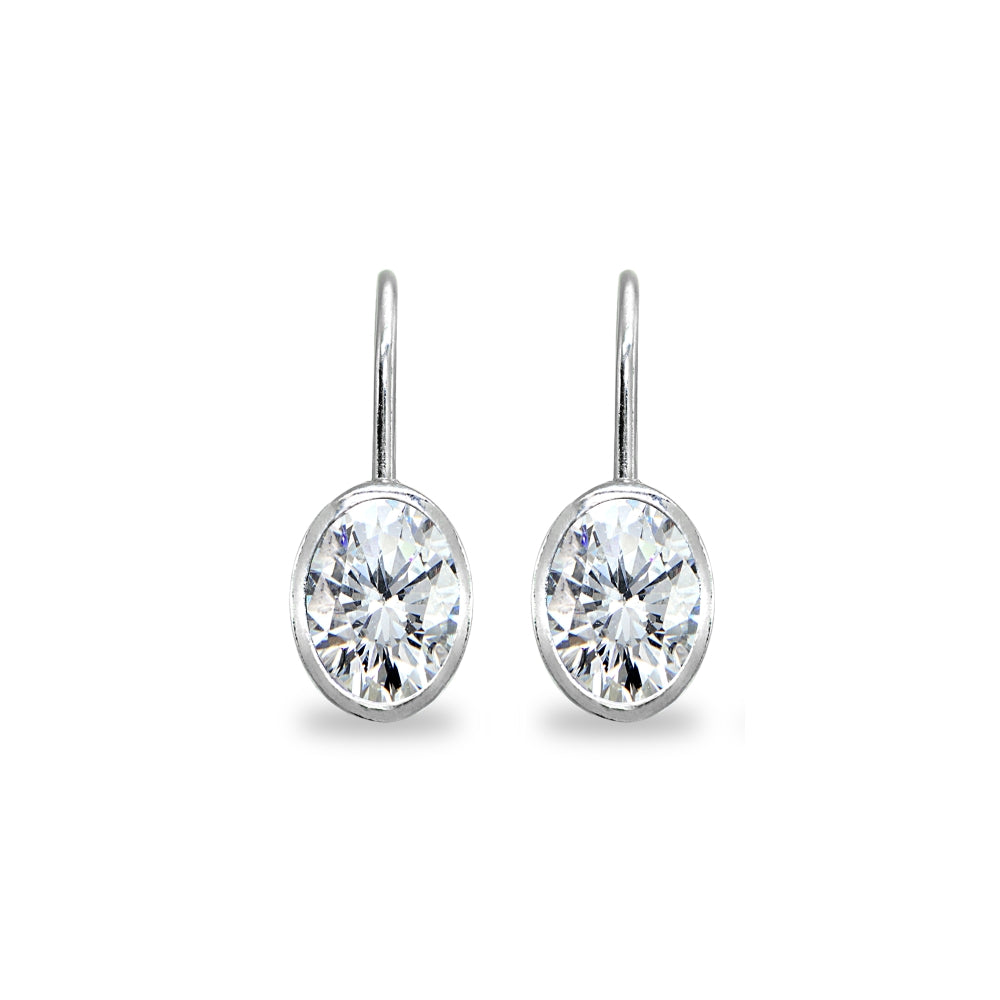 Sterling Silver Cubic Zirconia 7x5mm Oval Bezel-Set Dainty Leverback Earrings-2