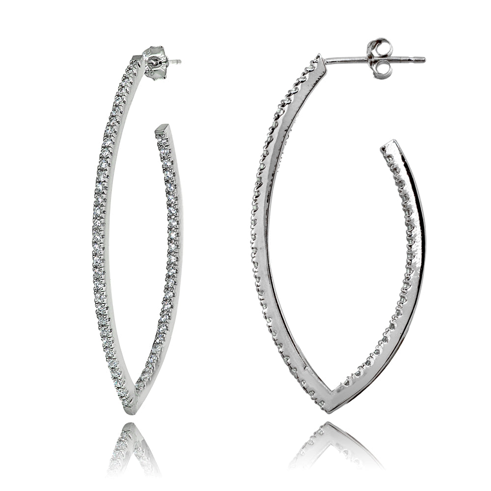 Sterling Silver Cubic Zirconia Inside Out Marquise 46mm Half Hoop Earrings
