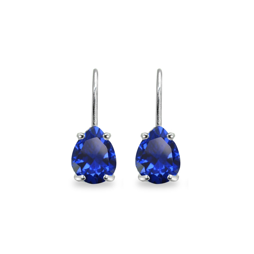 Sterling Silver Created Blue Sapphire 7x5mm Teardrop Dainty Leverback Earrings-2