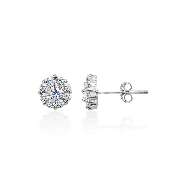 Sterling Silver Cubic Zirconia Princess-Cut and Round-Cut Halo 8mm Stud Earrings