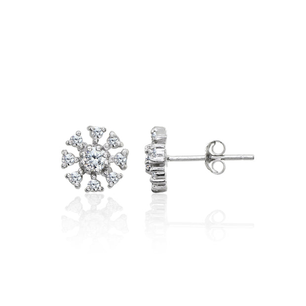 Sterling Silver Polished Cubic Zirconia Round-Cut Snowflake 9mm Stud Earrings