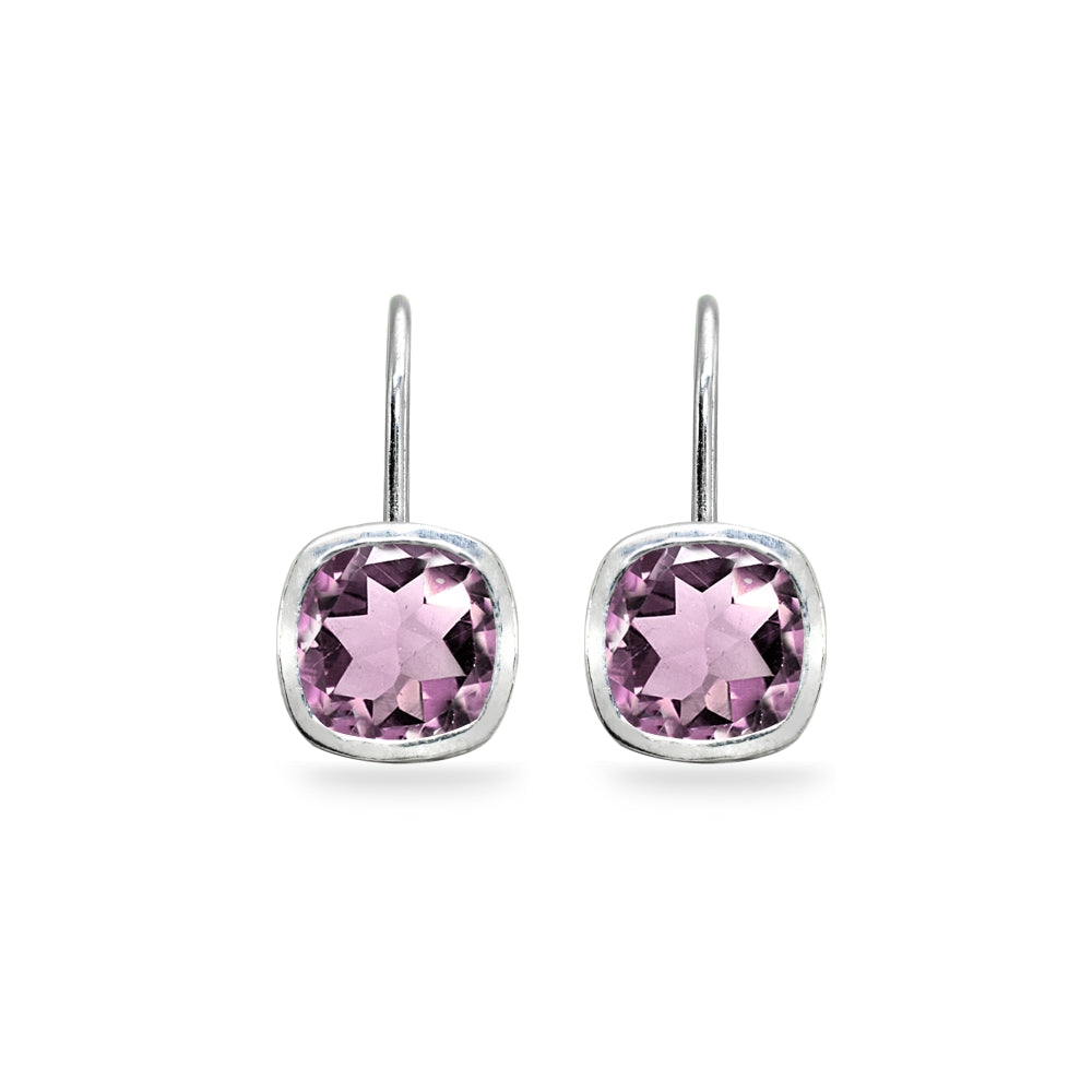 Sterling Silver Created Alexandrite 6x6mm Cushion-Cut Bezel-Set Dainty Leverback Earrings-2