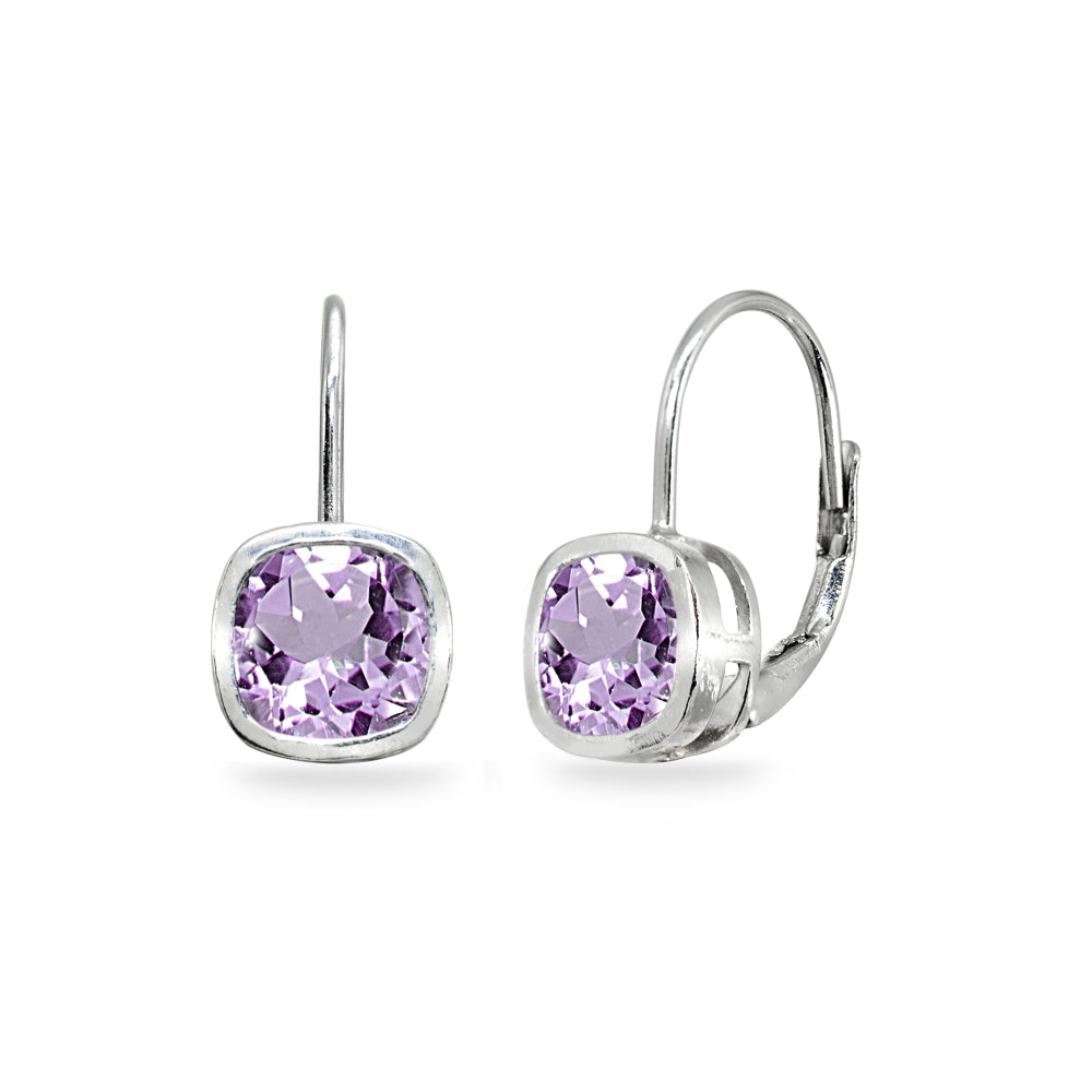 Sterling Silver Amethyst 6x6mm Cushion-Cut Bezel-Set Dainty Leverback Earrings