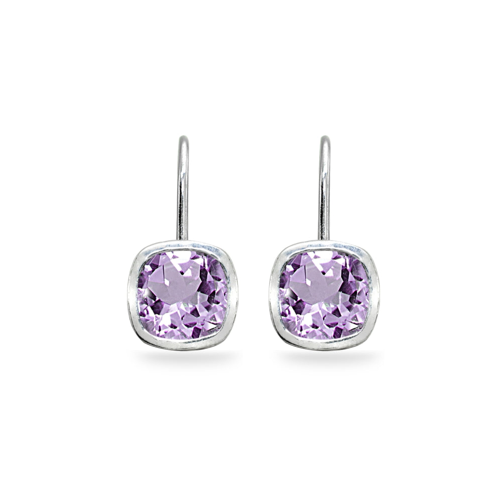 Sterling Silver Amethyst 6x6mm Cushion-Cut Bezel-Set Dainty Leverback Earrings-2