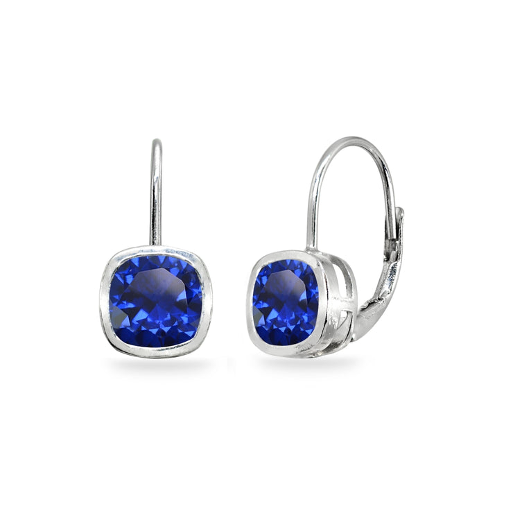 Sterling Silver Created Blue Sapphire 6x6mm Cushion-Cut Bezel-Set Dainty Leverback Earrings
