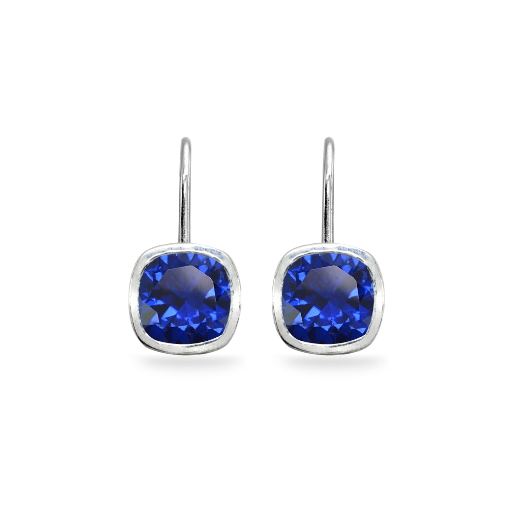 Sterling Silver Created Blue Sapphire 6x6mm Cushion-Cut Bezel-Set Dainty Leverback Earrings-2