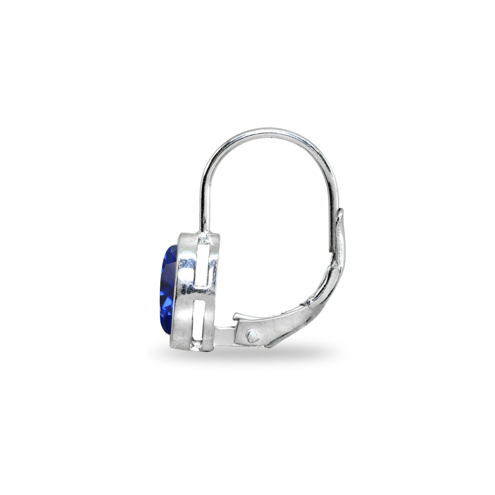 Sterling Silver Created Blue Sapphire 6x6mm Cushion-Cut Bezel-Set Dainty Leverback Earrings-3