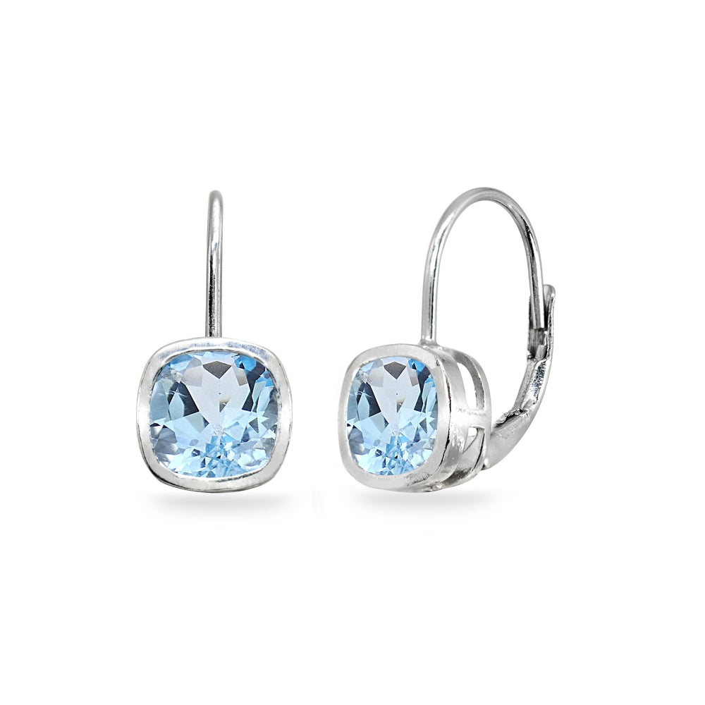 Sterling Silver Blue Topaz 6x6mm Cushion-Cut Bezel-Set Dainty Leverback Earrings