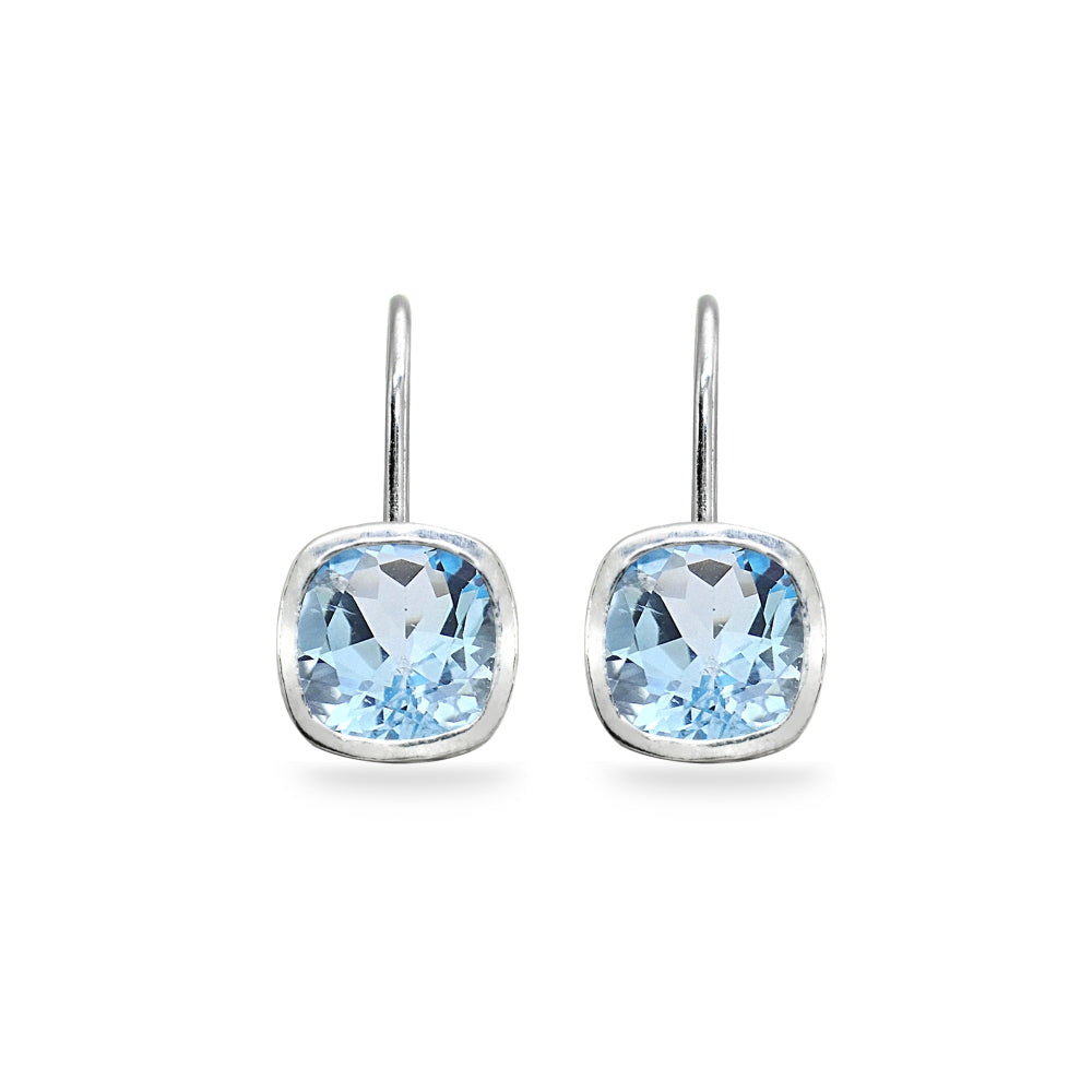Sterling Silver Blue Topaz 6x6mm Cushion-Cut Bezel-Set Dainty Leverback Earrings-2