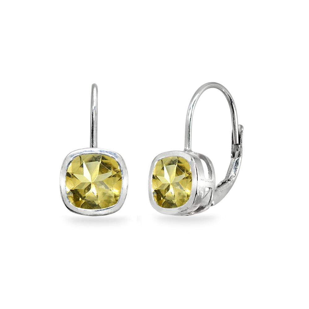 Sterling Silver Citrine 6x6mm Cushion-Cut Bezel-Set Dainty Leverback Earrings