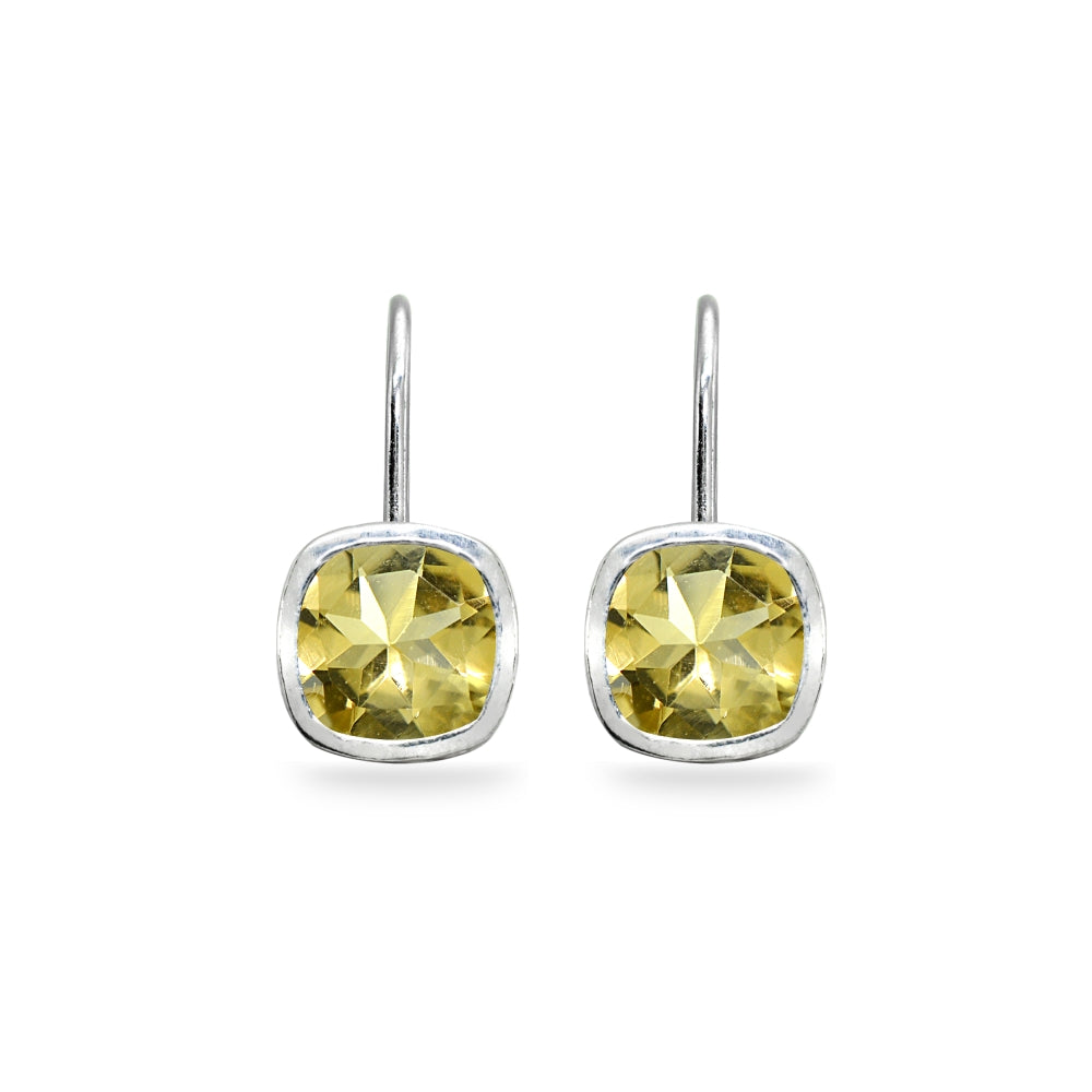 Sterling Silver Citrine 6x6mm Cushion-Cut Bezel-Set Dainty Leverback Earrings-2