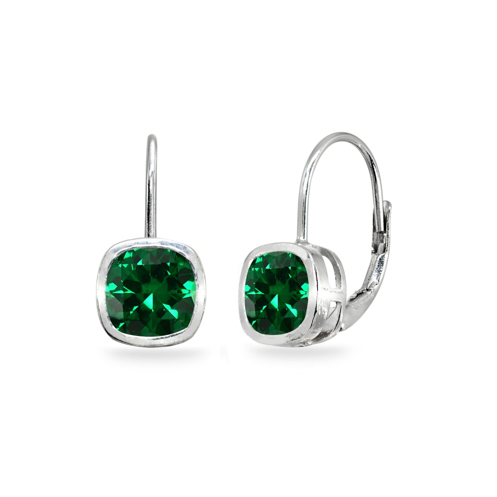 Sterling Silver Simulated Emerald 6x6mm Cushion-Cut Bezel-Set Dainty Leverback Earrings