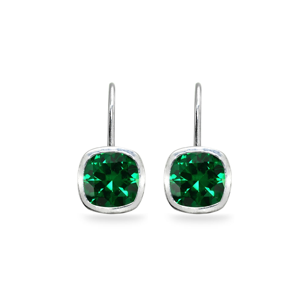 Sterling Silver Simulated Emerald 6x6mm Cushion-Cut Bezel-Set Dainty Leverback Earrings-2