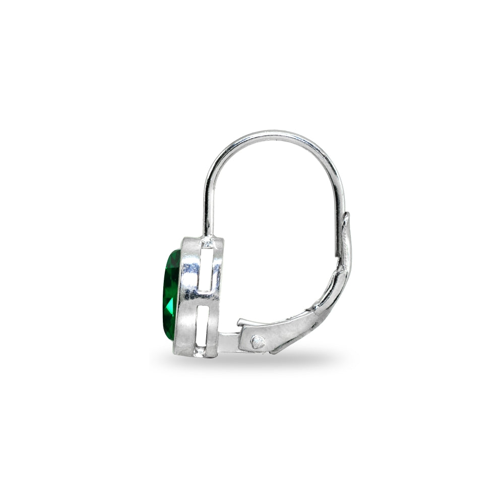 Sterling Silver Simulated Emerald 6x6mm Cushion-Cut Bezel-Set Dainty Leverback Earrings-3