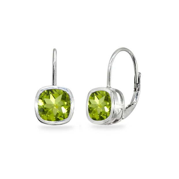 Sterling Silver Peridot 6x6mm Cushion-Cut Bezel-Set Dainty Leverback Earrings