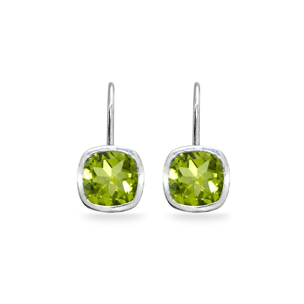Sterling Silver Peridot 6x6mm Cushion-Cut Bezel-Set Dainty Leverback Earrings-2