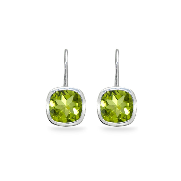 Sterling Silver Peridot 6x6mm Cushion-Cut Bezel-Set Dainty Leverback Earrings