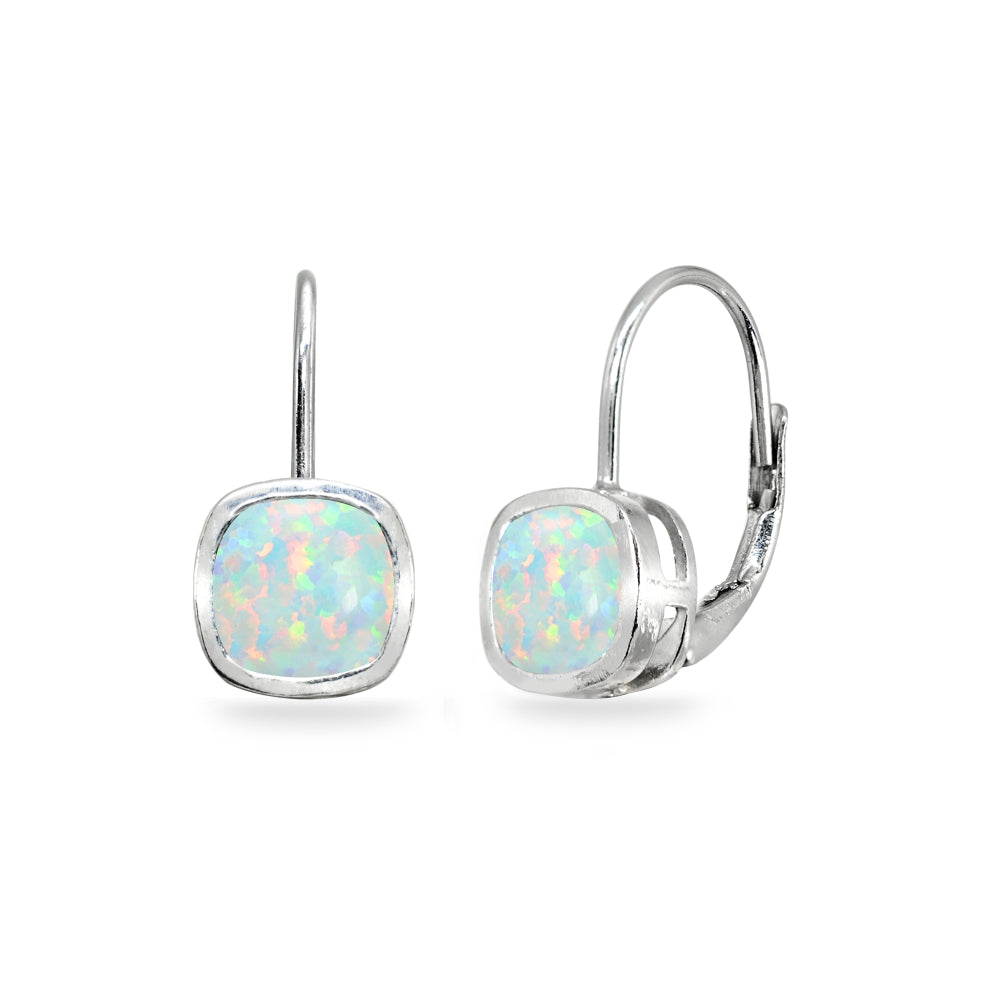 Sterling Silver Created White Opal 6x6mm Cushion-Cut Bezel-Set Dainty Leverback Earrings