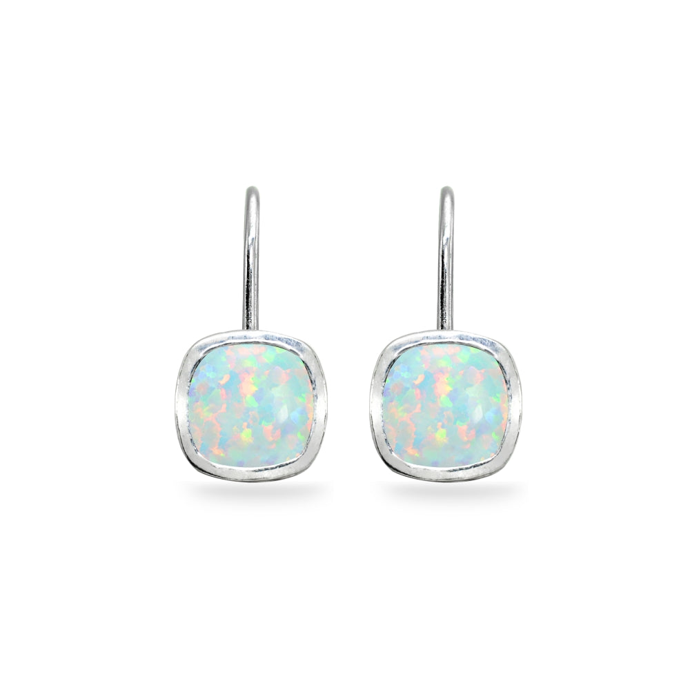 Sterling Silver Created White Opal 6x6mm Cushion-Cut Bezel-Set Dainty Leverback Earrings-2