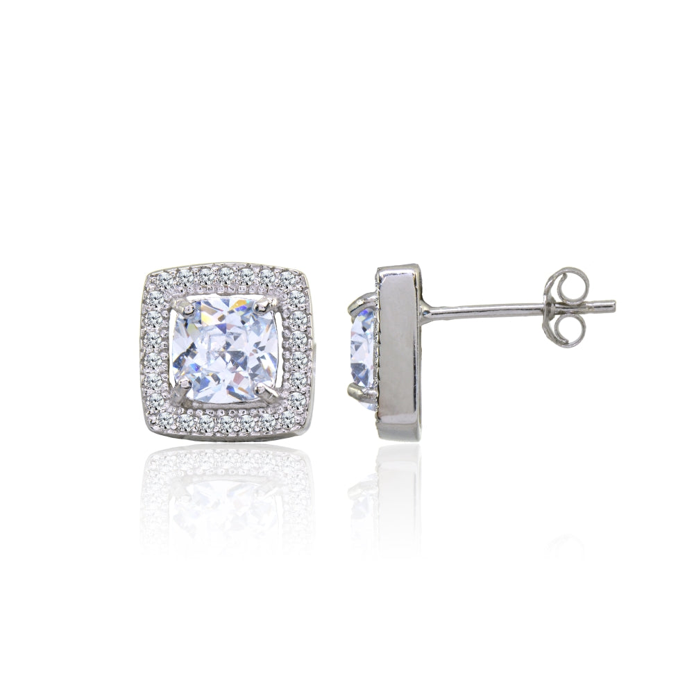 Sterling Silver Cubic Zirconia Cushion-Cut Halo 10mm Stud Earrings