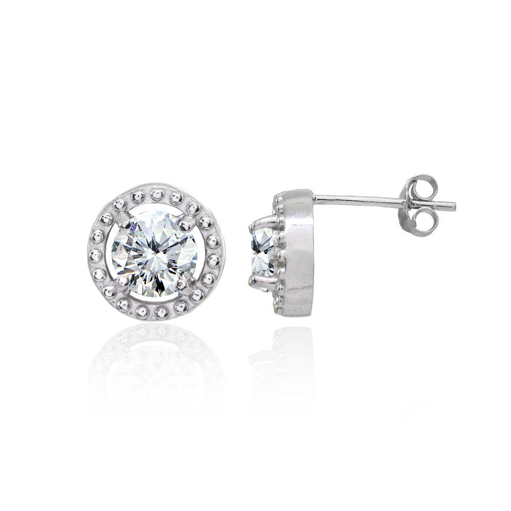 Sterling Silver Cubic Zirconia Round-Cut Beaded Halo 10mm Stud Earrings