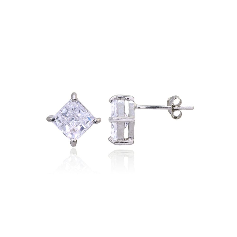 Sterling Silver Cubic Zirconia Princess-Cut Checkerboard 10mm Stud Earrings