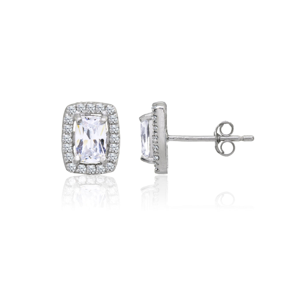 Sterling Silver Cubic Zirconia Cushion-Cut Halo Stud Earrings