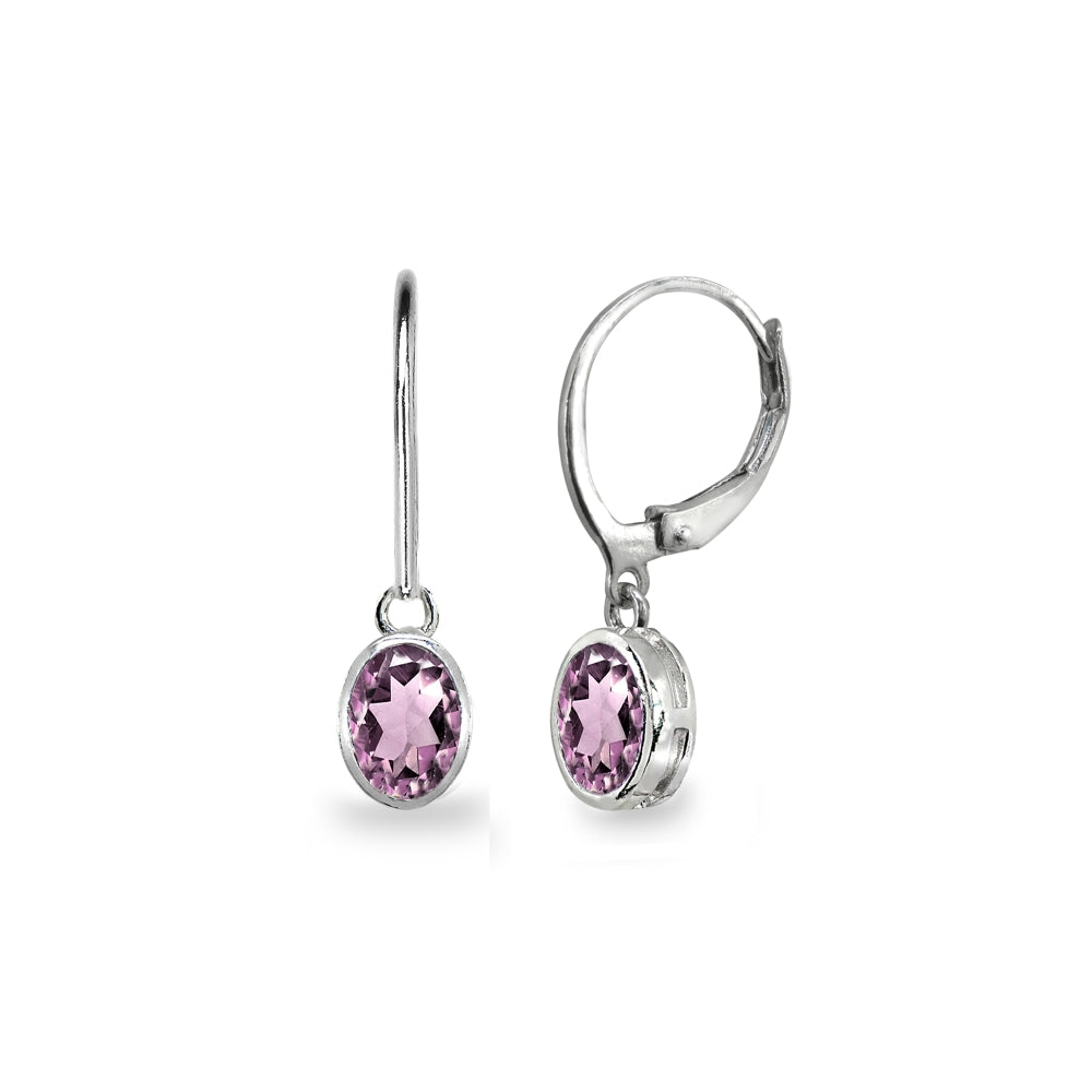 Sterling Silver Created Alexandrite 7x5mm Oval-Cut Bezel-Set Dainty Dangle Leverback Earrings