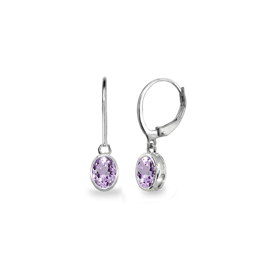 Sterling Silver Amethyst 7x5mm Oval-Cut Bezel-Set Dainty Dangle Leverback Earrings