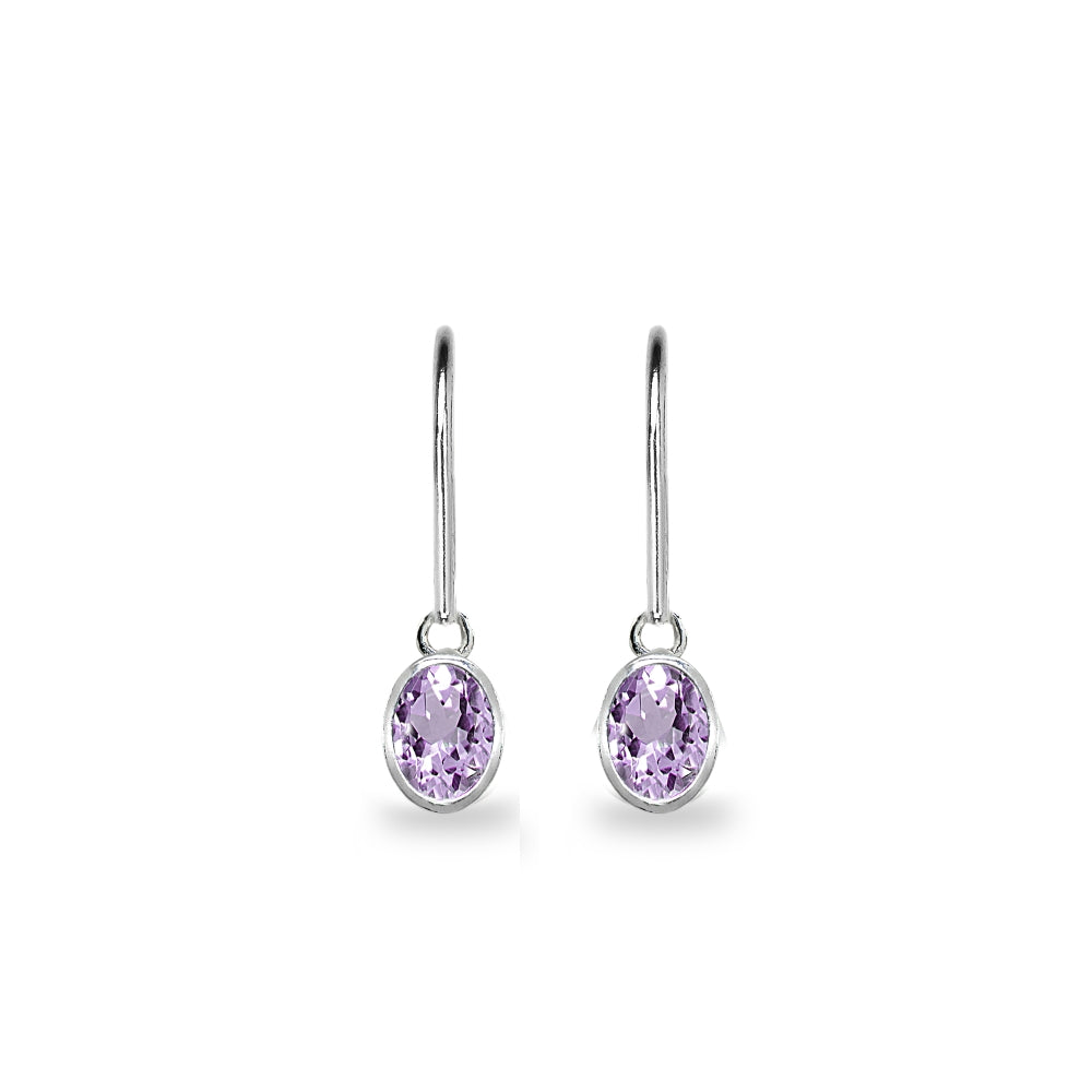 Sterling Silver Amethyst 7x5mm Oval-Cut Bezel-Set Dainty Dangle Leverback Earrings-2