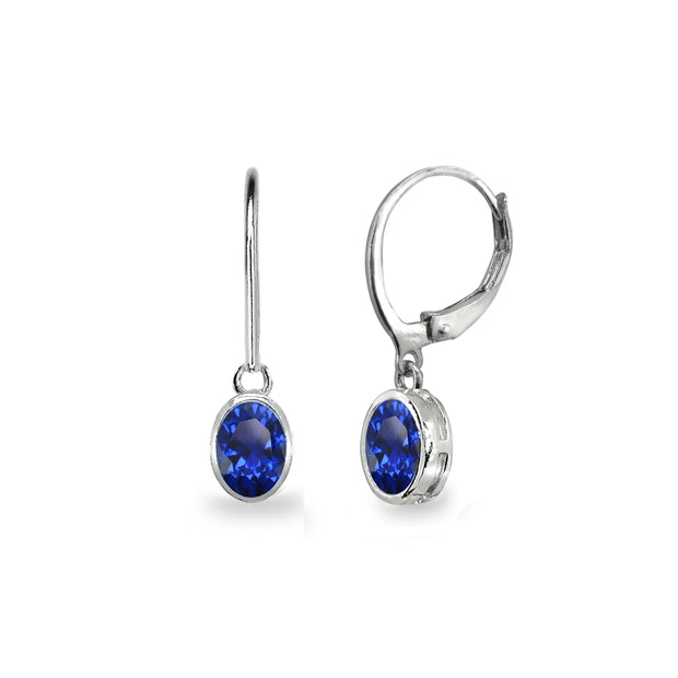 Sterling Silver Created Blue Sapphire 7x5mm Oval-Cut Bezel-Set Dainty Dangle Leverback Earrings