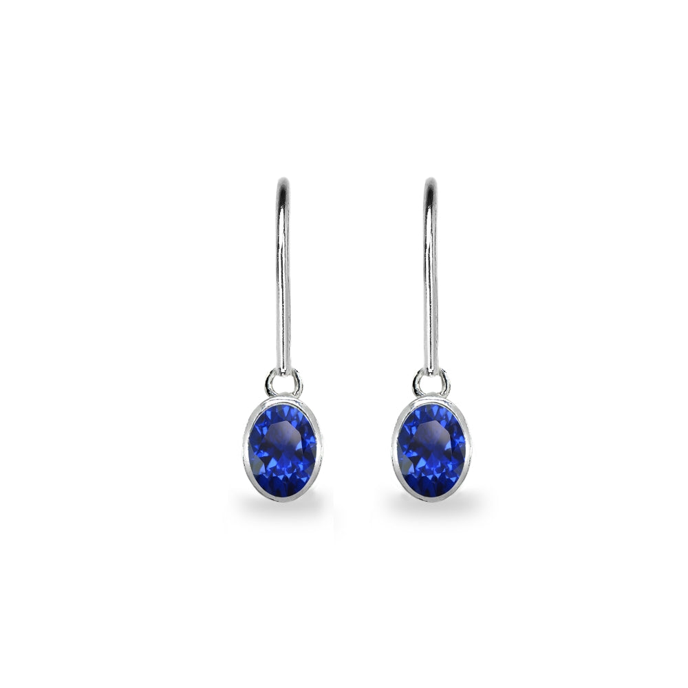 Sterling Silver Created Blue Sapphire 7x5mm Oval-Cut Bezel-Set Dainty Dangle Leverback Earrings-2